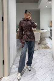 Şal Detaylı Kırmızı Ekose Desen Gömlek SY-3561-Kırmızı