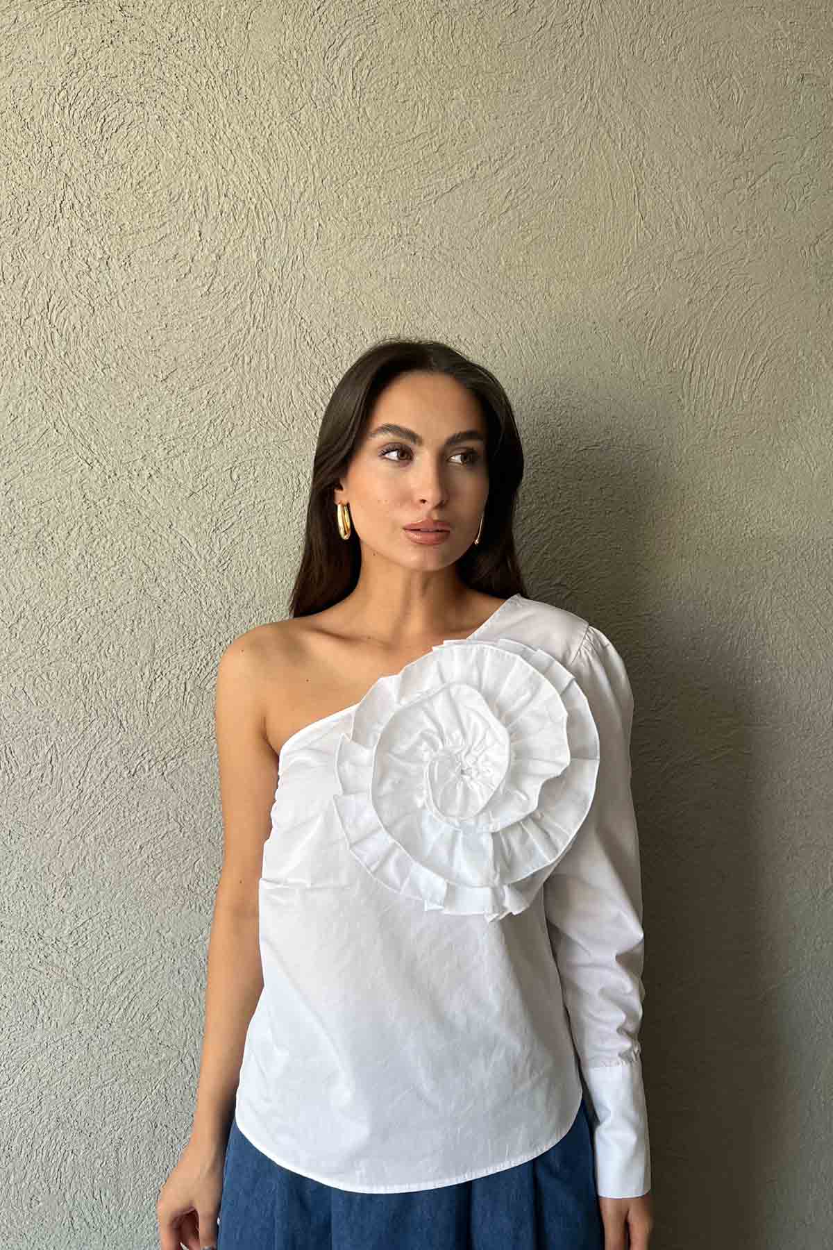 Beyaz Tek Omuz Özel Tasarım Gömlek SY-1736-Beyaz