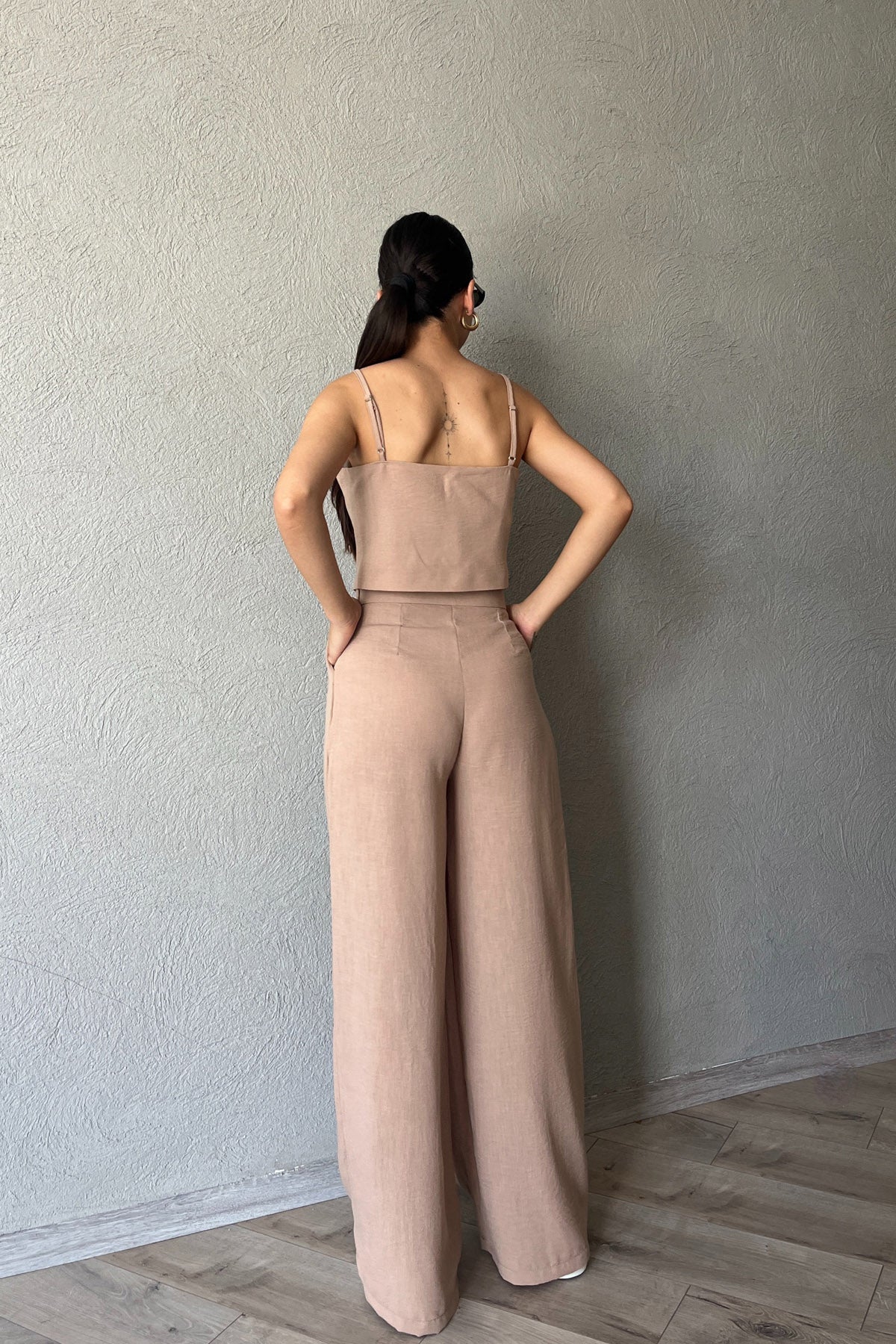 Vizon İnce Askılı İp Bağlama Detaylı Crop Pantolon Takım SY-2361-Vizon