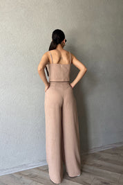 Vizon İnce Askılı İp Bağlama Detaylı Crop Pantolon Takım SY-2361-Vizon