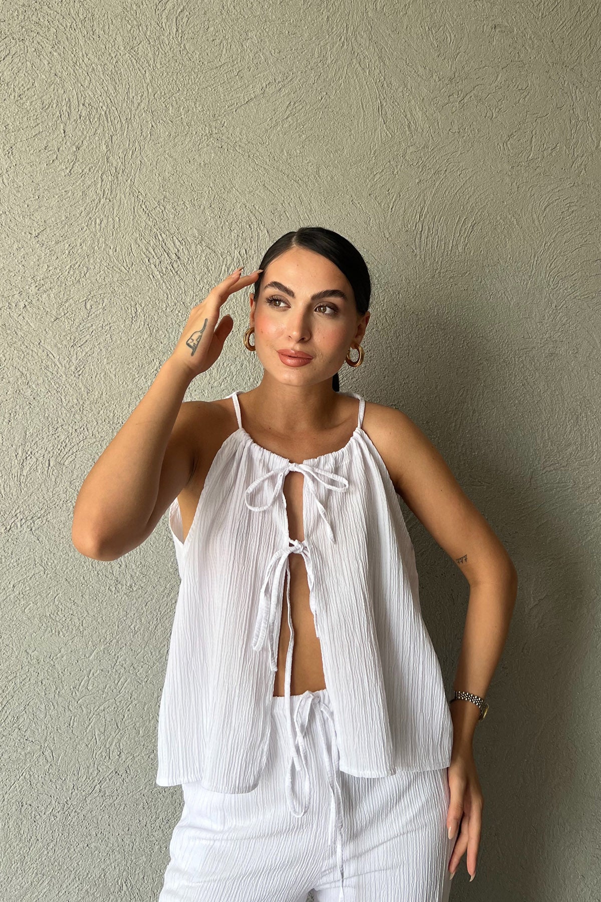 Beyaz İp Askılı Bluz Pantolon Takım SY-2259-Beyaz