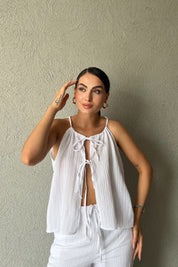 Beyaz İp Askılı Bluz Pantolon Takım SY-2259-Beyaz