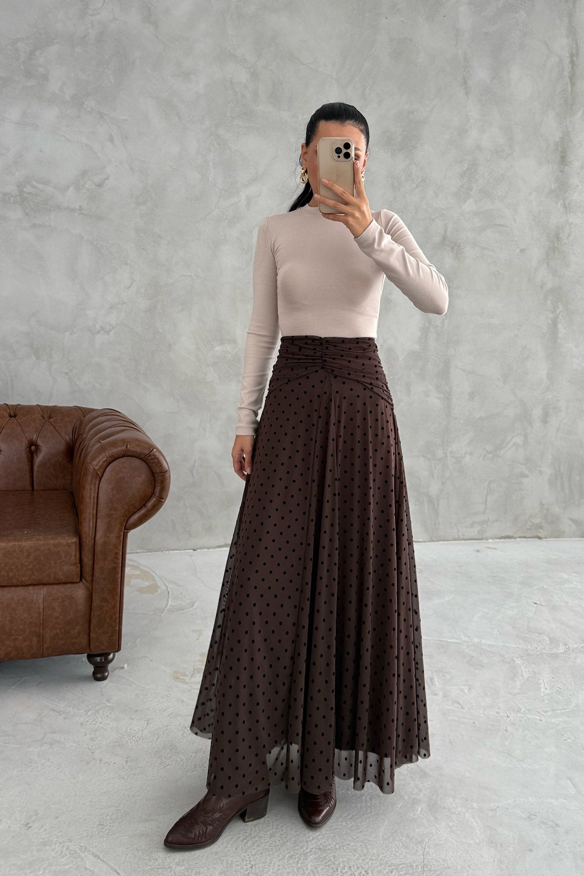 Kahve Büzgülü Flok Baskı Puantiyeli Etek SY-3358-Kahve