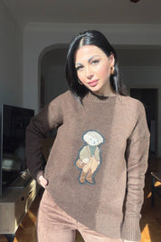 Kahverengi Teddy Bear Nakışlı Triko Kazak SY-2839-Kahverengi