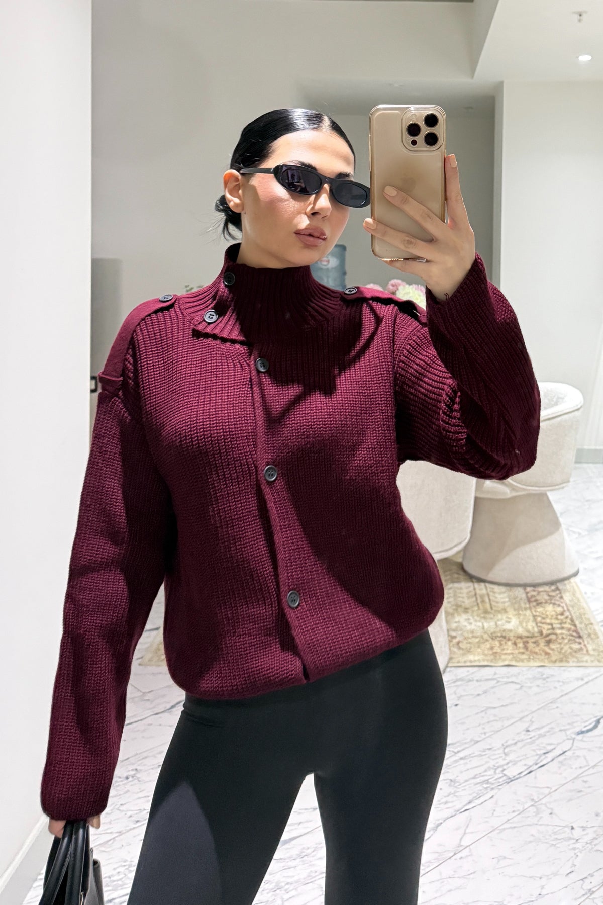 Bordo Siyah Düğmeli Triko Hırka SY-3578-Bordo