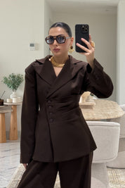 Kahverengi Beli Drapeli Ceket Ve Şalvar Pantolon Takım SY-3608-Kahverengi