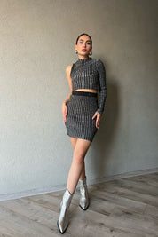 Gri Pırıltılı Tek Kollu Crop Üst ve Belden Lastikli Etek Takım SY-1283-Gri