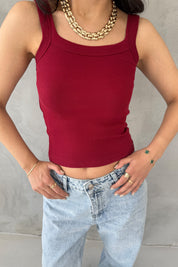 Bordo Slim Fit Dar Kesim U Yaka Fitilli Atlet SY-3171-Bordo