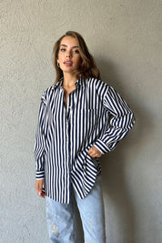 Lacivert Çizgili Oversize Cep Detaylı Gömlek SY-0969-Lacivert