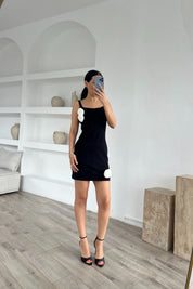 Siyah Gül Detaylı Askılı Elbise SY-1826-Siyah