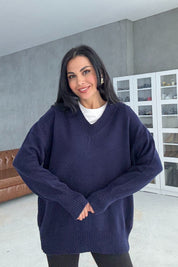 Lacivert V Yaka Oversize Pinterest Triko Kazak SY-3348-Lacivert