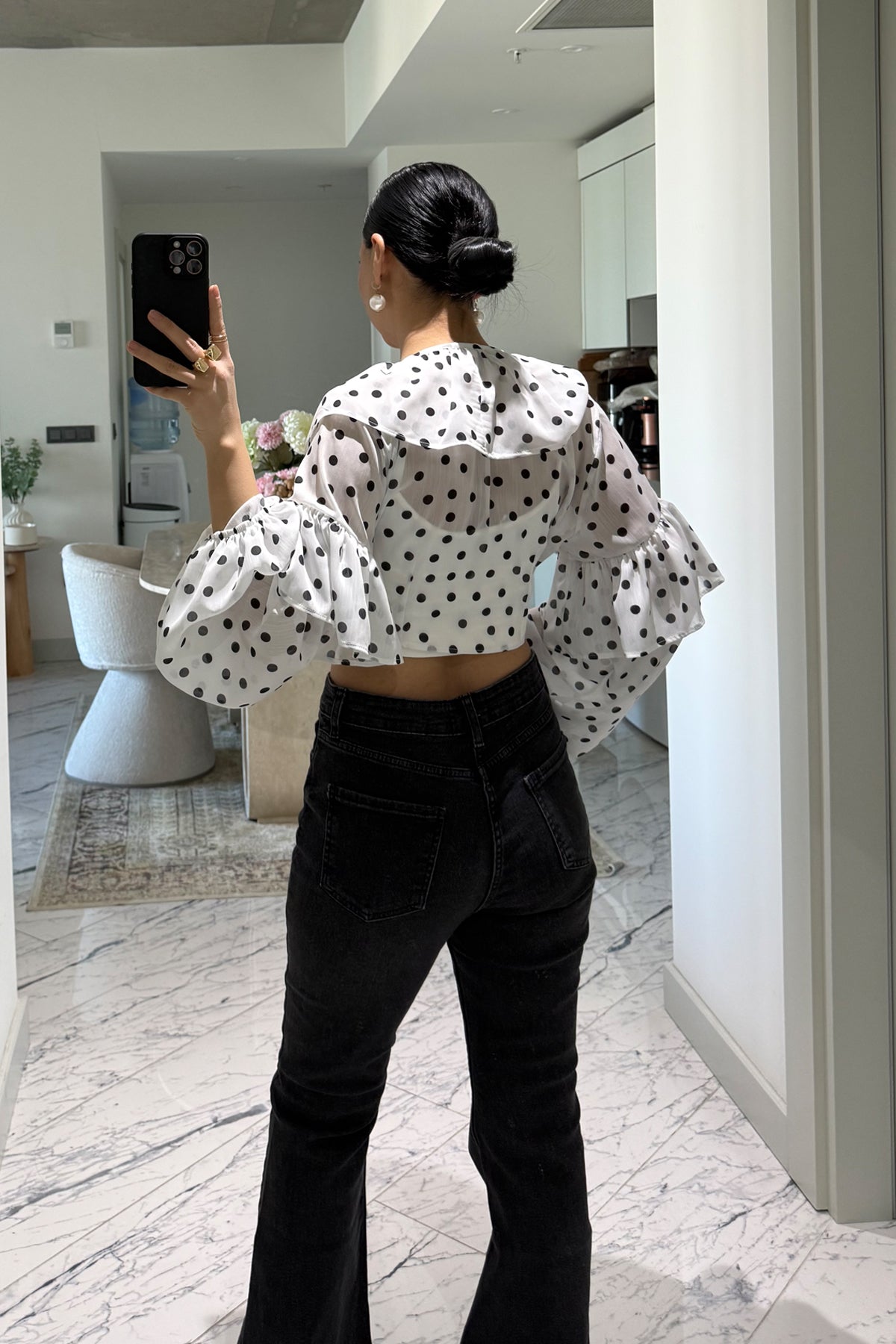 Puantiyeli Crop Bluz Beyaz SY-3699-Beyaz