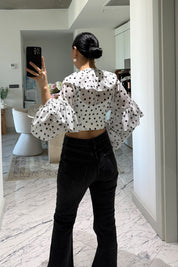Puantiyeli Crop Bluz Beyaz SY-3699-Beyaz