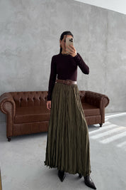 Haki Kırışık Görünümlü Uzun Etek SY-3464-Haki