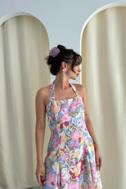 Çok Renkli Çiçek Desenli Midi Boy Keten Elbise SY-3267-Renkli