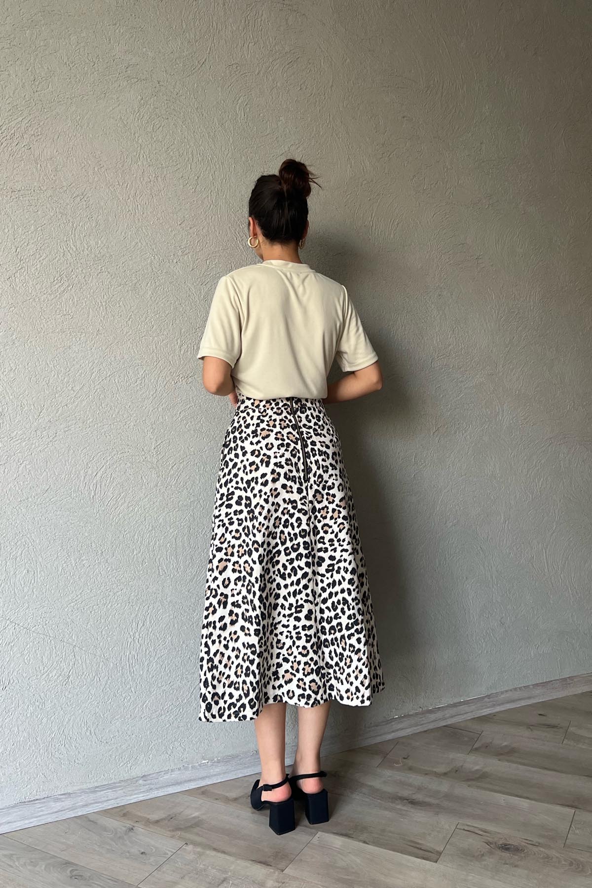 Leopar Desenli Pile Detaylı Kloş Etek SY-1949-Leopar