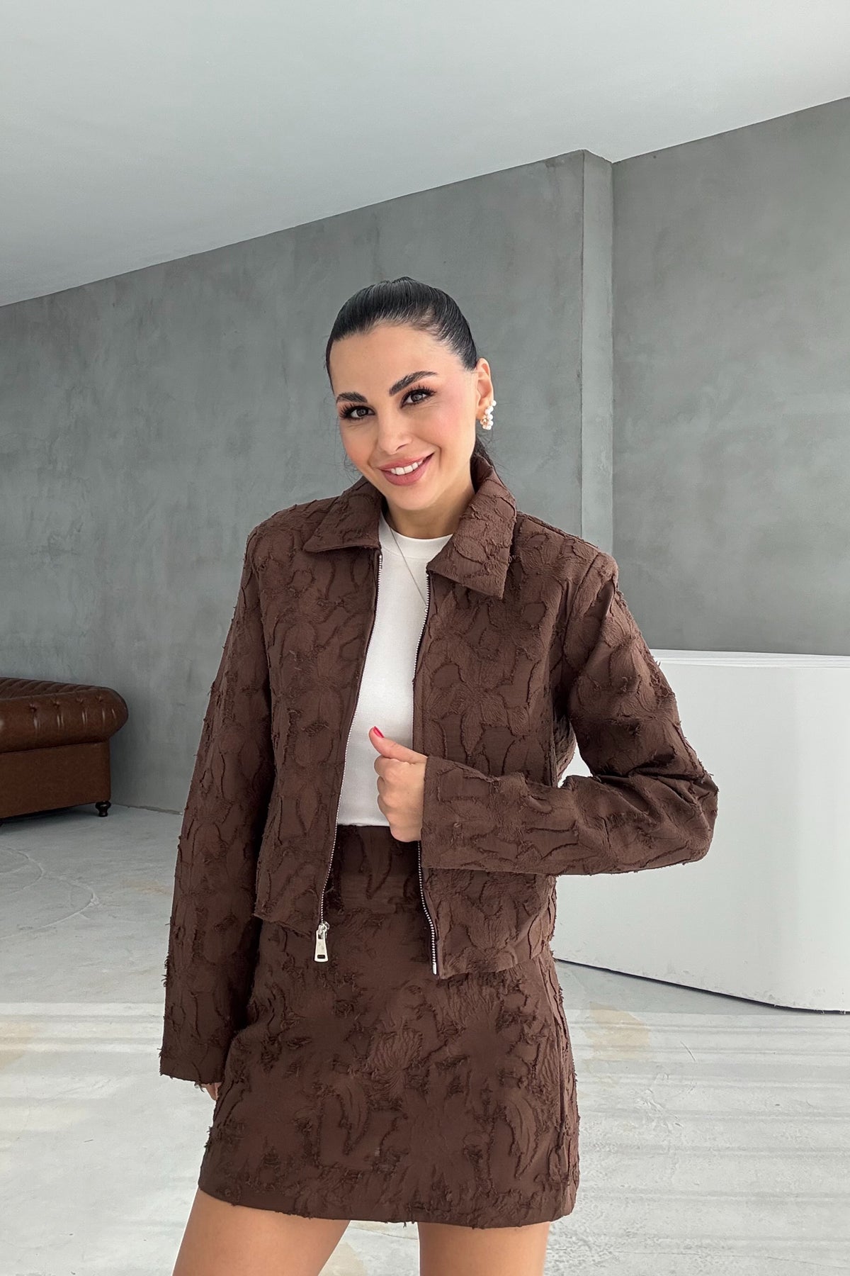 Kahve Jakarlı Etek Ve Ceket Takım SY-3456-Kahve