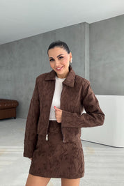 Kahve Jakarlı Etek Ve Ceket Takım SY-3456-Kahve