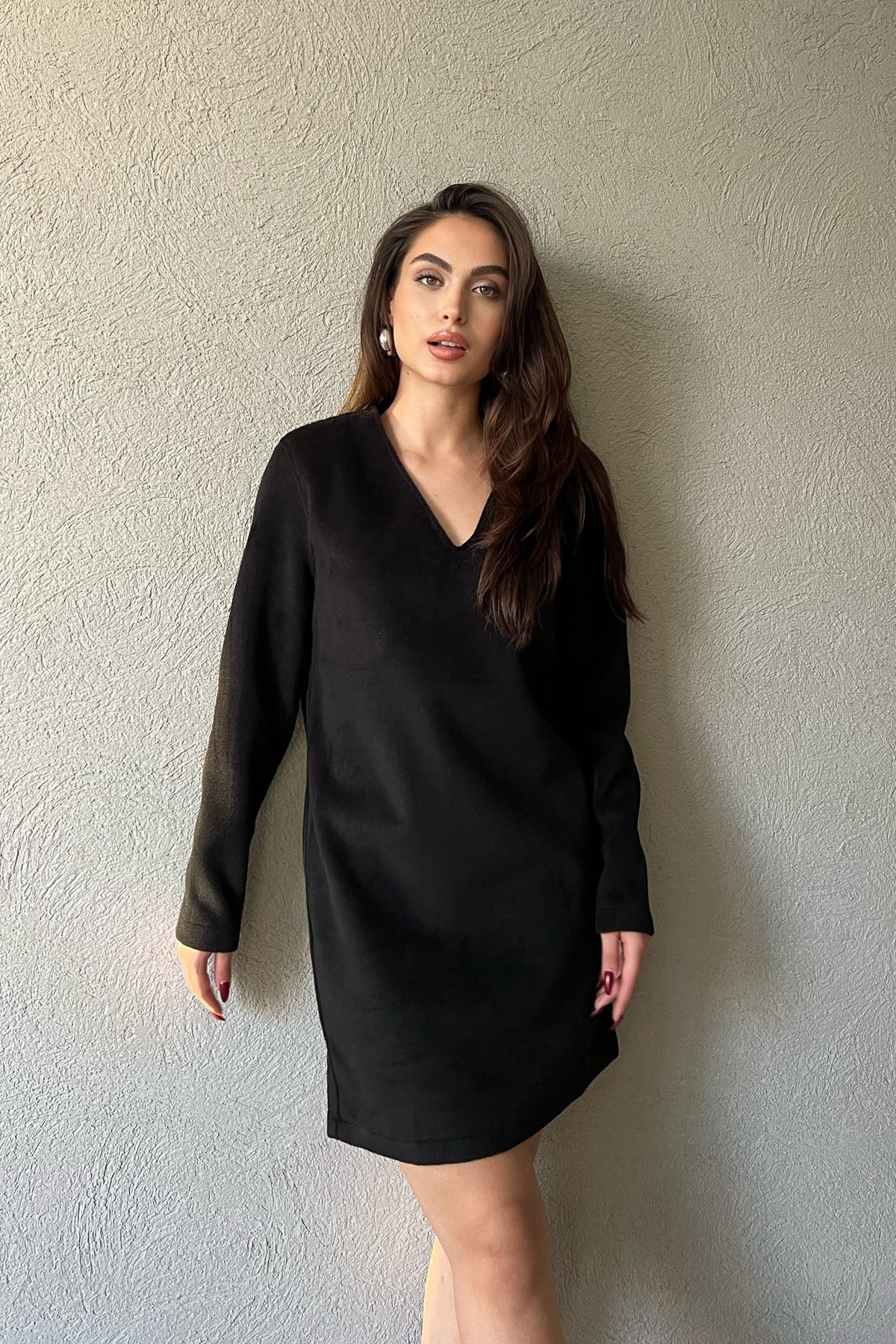 Siyah V Yaka Vatkalı Kaşe Elbise SY-1254-Siyah