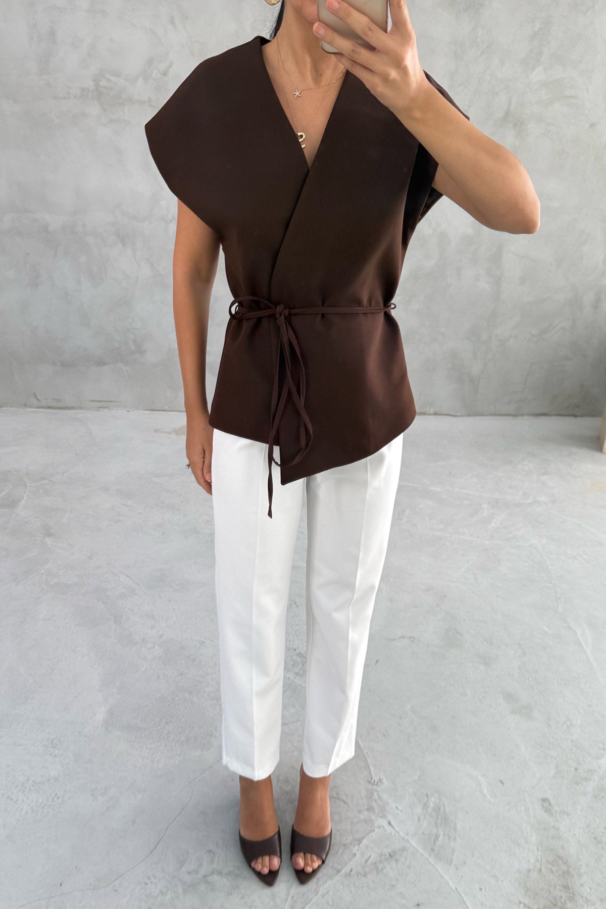 Kahve T kol Bağlamalı Yelek SY-3327-Kahve