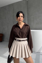 Natural Kemer Detaylı Pileli Mini Etek SY-3026-Natural