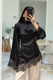 Dantelli Saten Siyah Tasarım Bluz SY-3662-Siyah