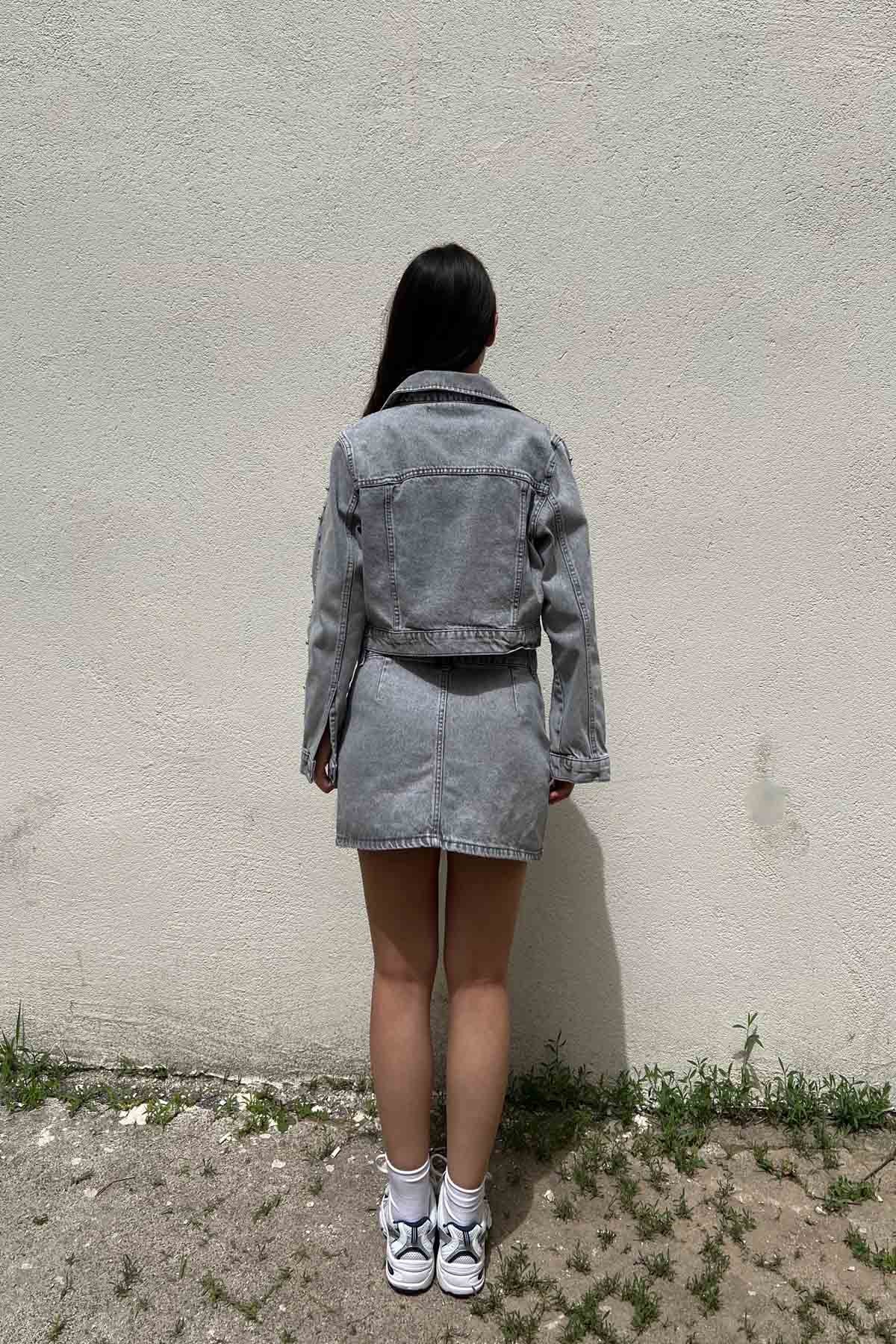 Gri İnci Detaylı Denim Etek Ceket Takım SY-1976-Gri