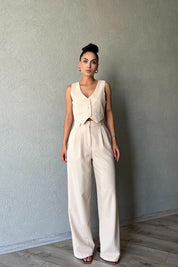 Bej Özel Dikim Yelek ve With Vest Pantolon Takım SY-1841-Bej