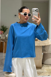 Mavi Oversize İspanyol Kol Basic T-Shirt SY-3846-Mavi