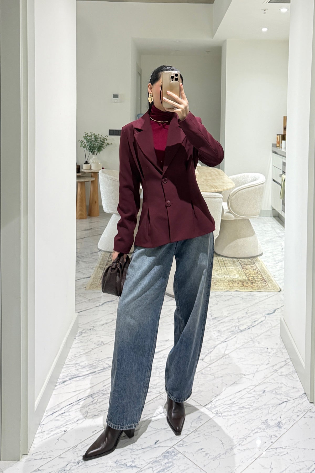 Bordo Belden Oturmalı Pileli Ceket SY-3581-Bordo