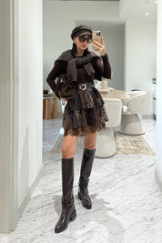 Kahverengi Kemerli Mini Etek SY-3545-Kahverengi