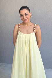 Sarı Boncuk Askı Detaylı Rahat Keten Elbise SY-3148-Sarı