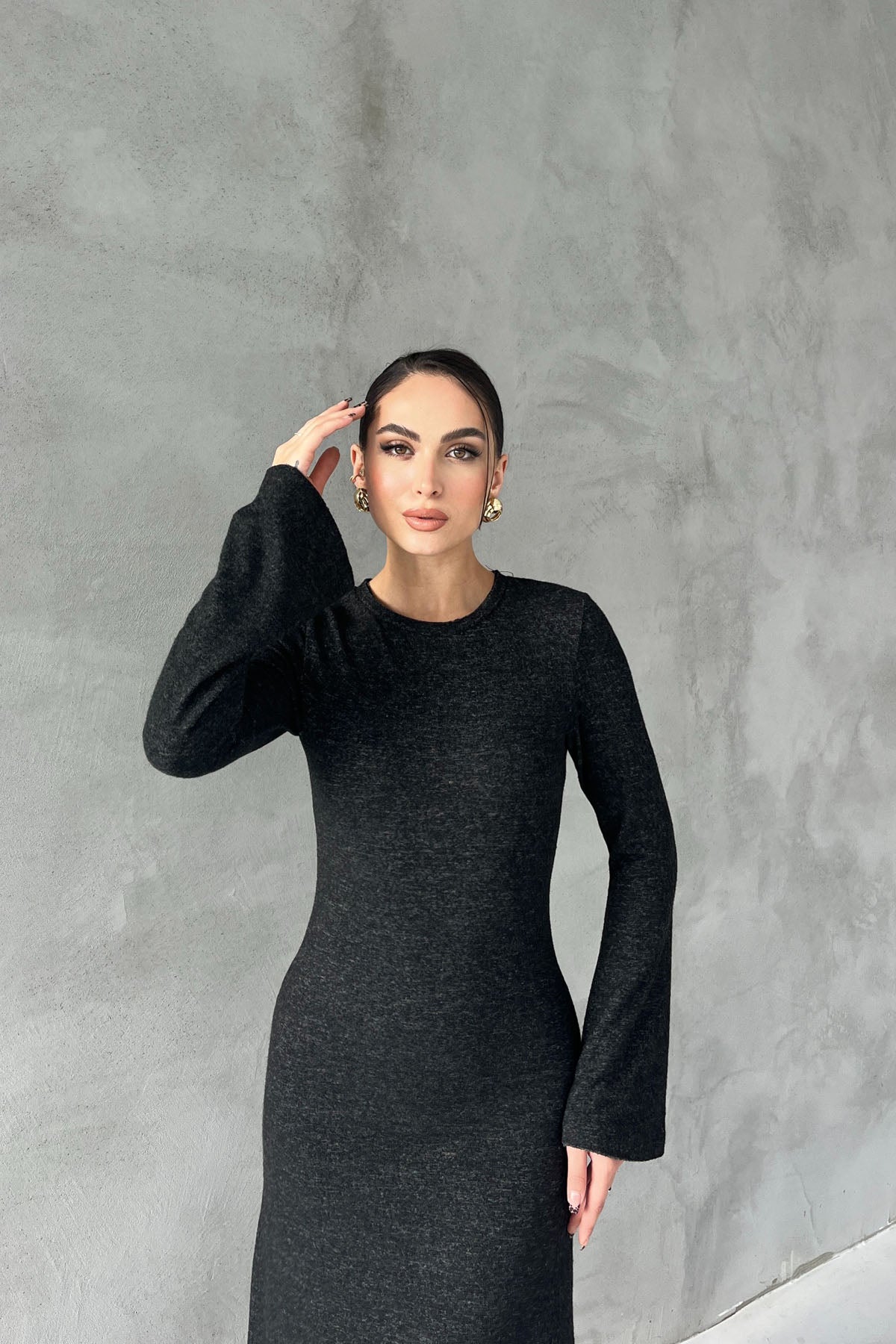 Antrasit Yumoş İspanyol Kol Uzun Elbise SY-2619-Antrasit
