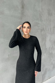 Antrasit Yumoş İspanyol Kol Uzun Elbise SY-2619-Antrasit