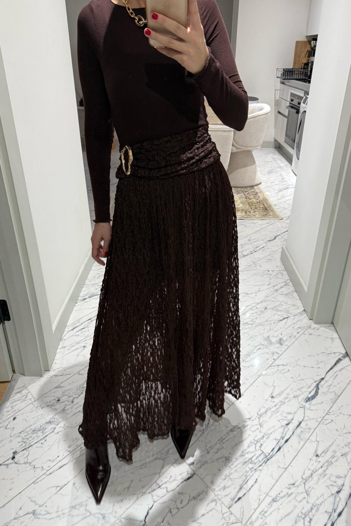 Gold Toka Detaylı Kahverengi Dantel Etek SY-3546-Kahverengi