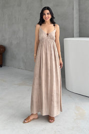 Vizon Boncuk Detaylı Askılı Elbise SY-3215-Vizon