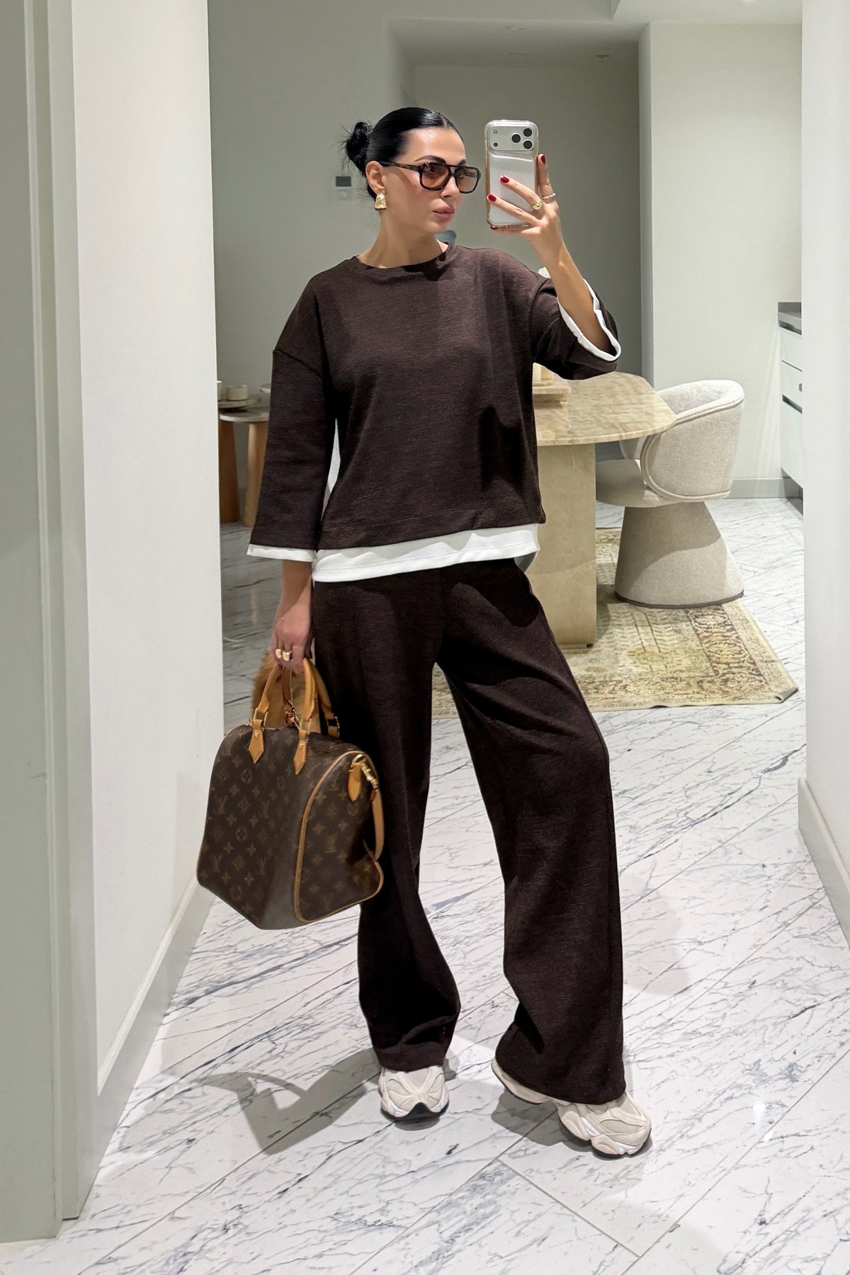 Kahve Beyaz Garnili Sweat Pantolon Takım SY-3913-Kahverengi