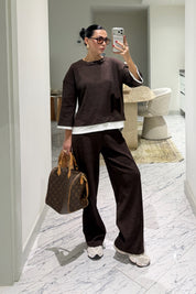 Kahve Beyaz Garnili Sweat Pantolon Takım SY-3913-Kahverengi