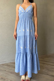 Mavi Nakış Detaylı Gipeli Boyundan Bağlamalı Uzun Elbise SY-2182-Mavi