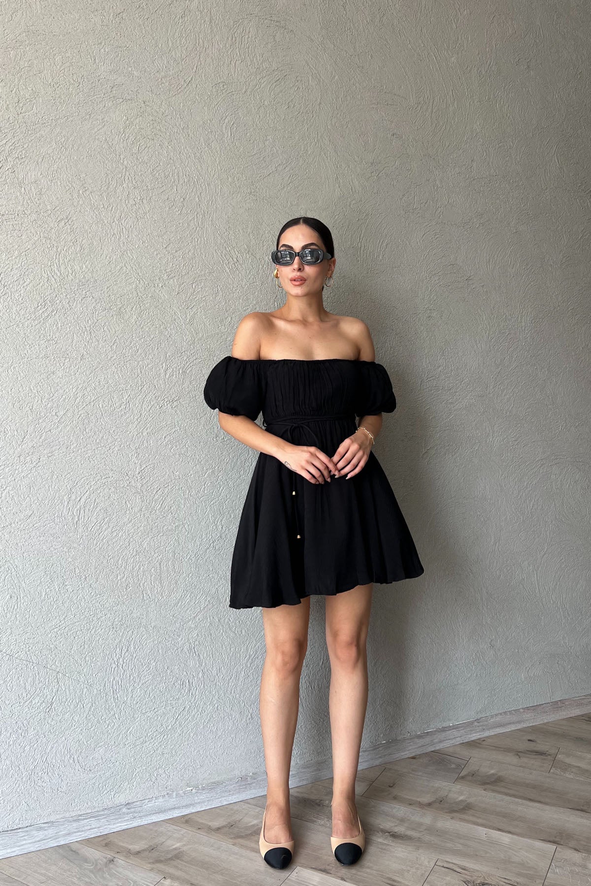 Siyah Prenses Balon Kol Mini Elbise SY-2304-Siyah