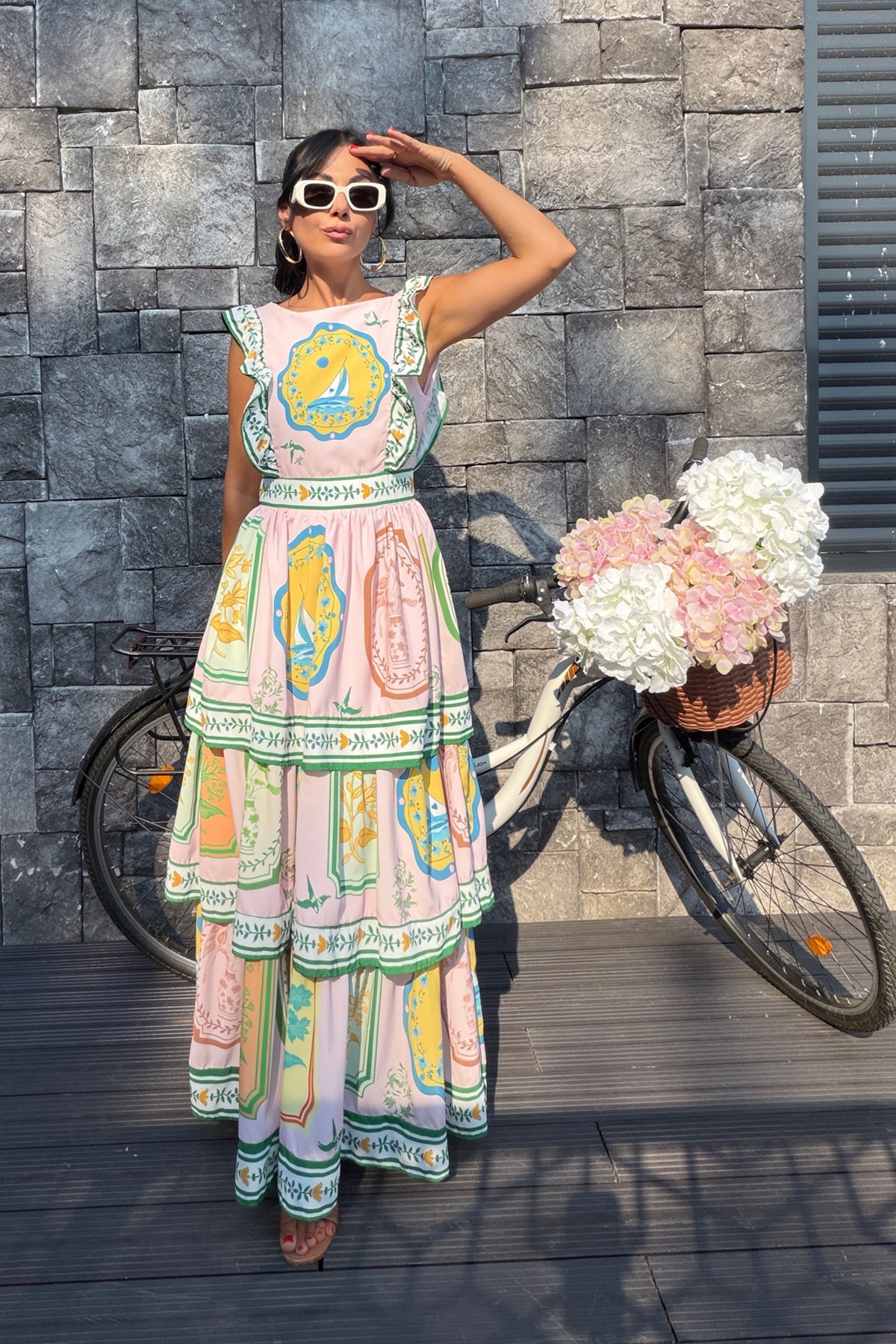 Pembe Sırt Dekolteli Kat Kat Desenli Elbise SY-3806-Pembe