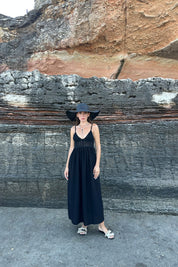 Siyah Askılı Triko Detay Keten Elbise SY-0784-Siyah