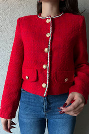 Kırmızı Gold Düğmeli Biyeli Kısa Tüvit Blazer Ceket SY-1259-Kırmızı