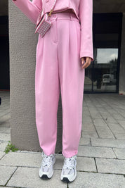 Pembe Crop Ceket ve Paçası Düğme Detaylı Pantolon Takım SY-0935-Pembe