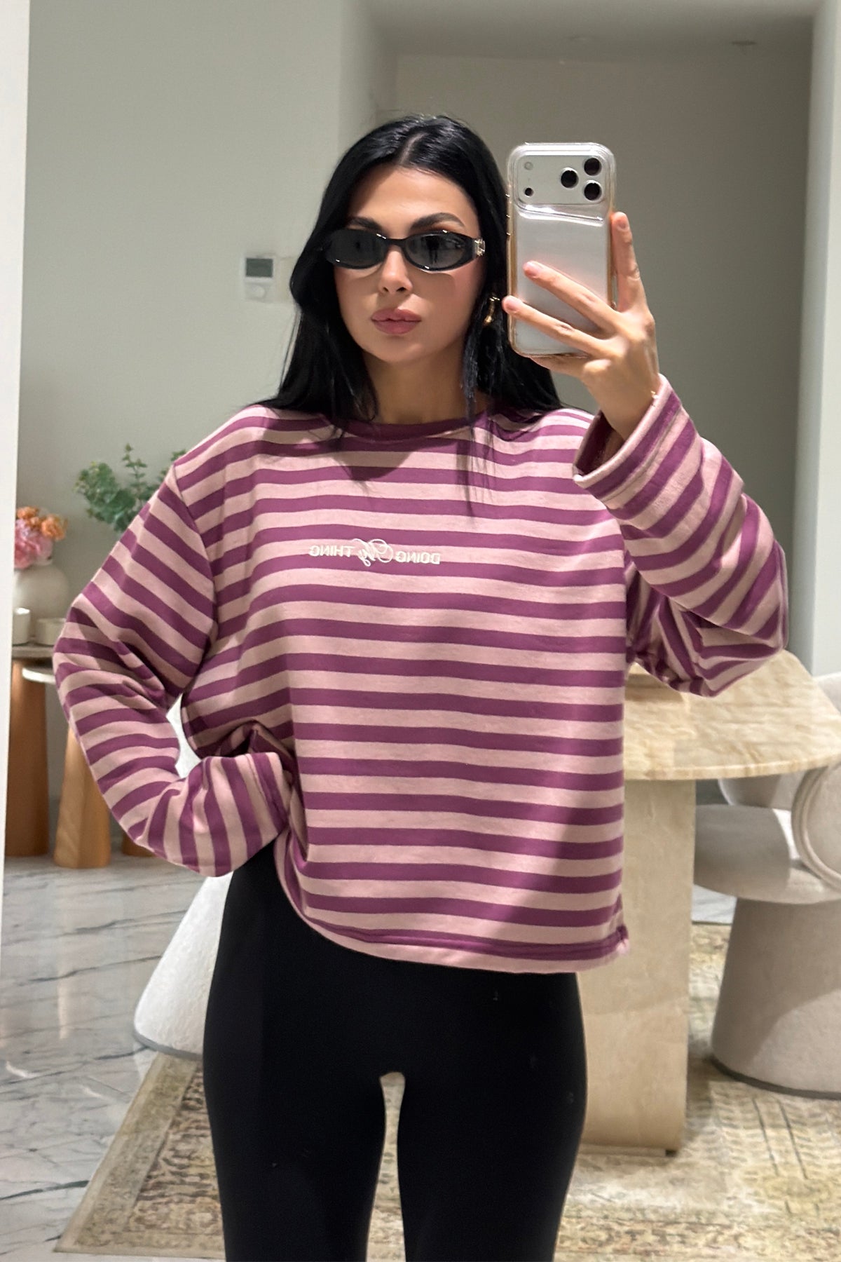 Mürdüm-Pudra Çizgili Basic Sweatshirt SY-3902-Mürdüm