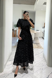 Gül Detaylı Siyah Rosella Özel Tasarım Elbise SY-3519-Siyah