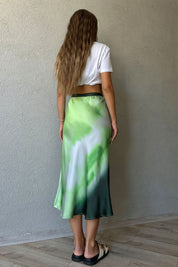 Yeşil Batik Desen Beli Lastikli Saten Etek SY-0892-Yeşil