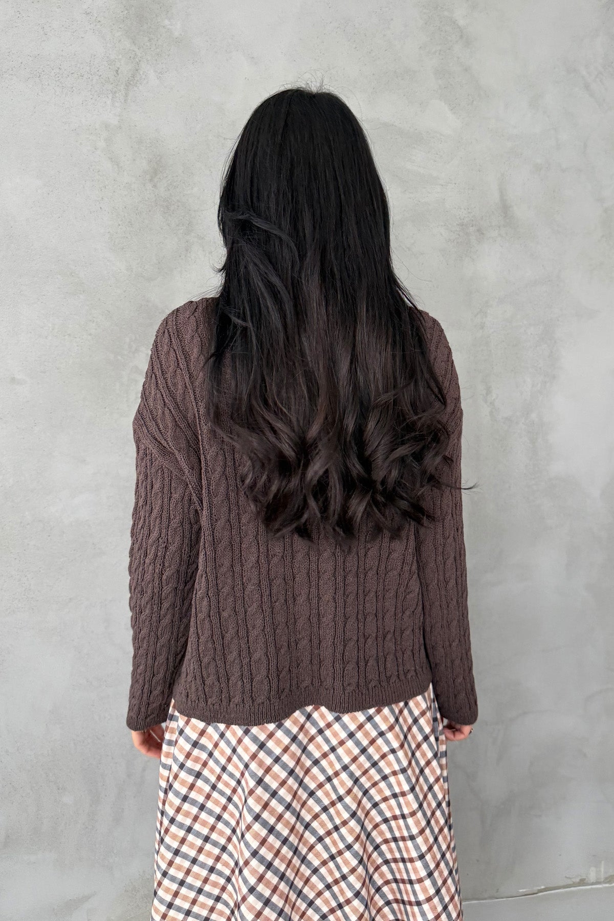 V Yaka Saç Örgü Kahve Triko Kazak SY-3407-Kahve