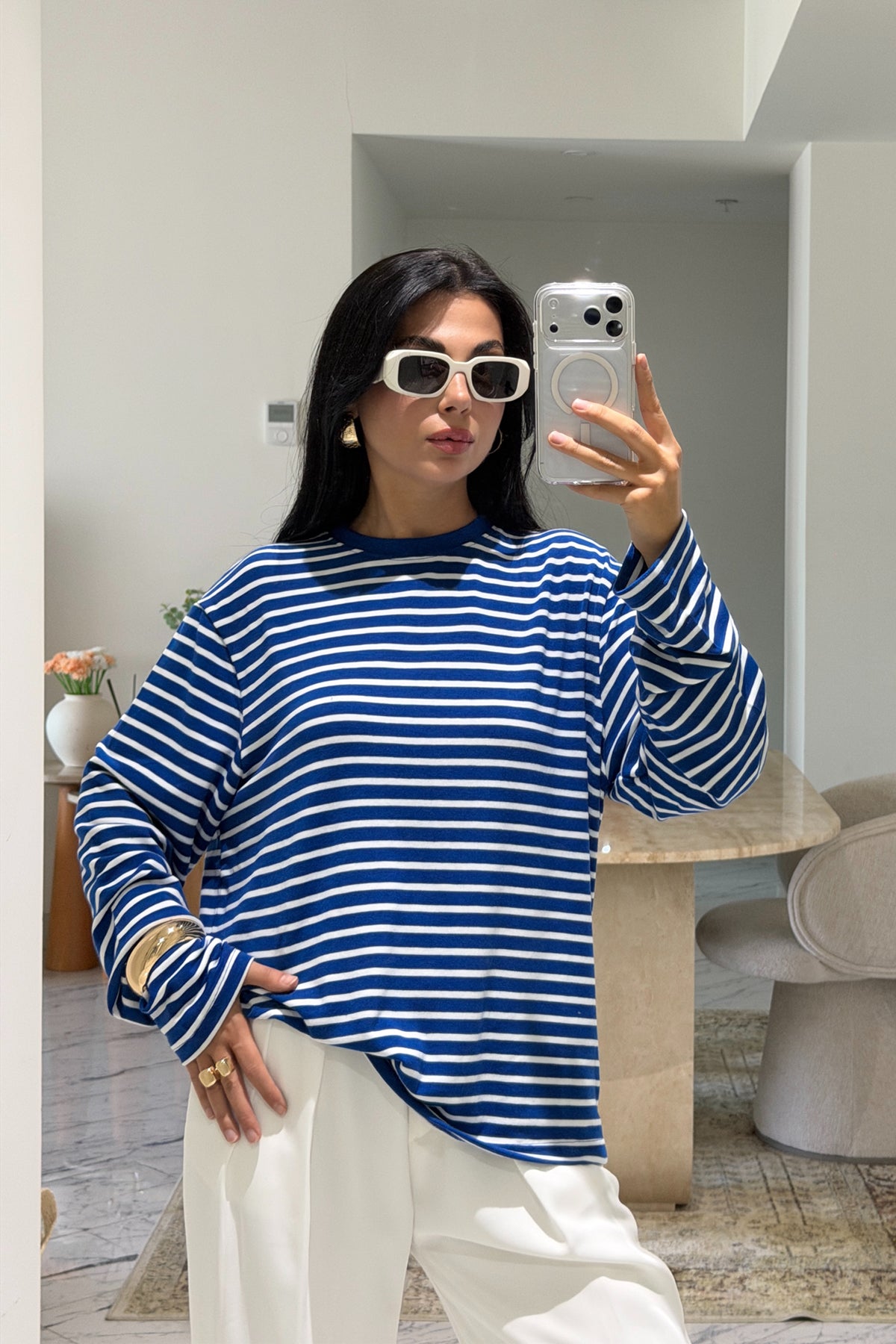 Mavi-Beyaz Bisiklet Yaka Çizgili Likralı Uzun Kollu T-Shirt SY-3645-Mavi