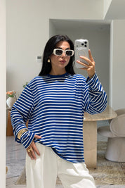 Mavi-Beyaz Bisiklet Yaka Çizgili Likralı Uzun Kollu T-Shirt SY-3645-Mavi